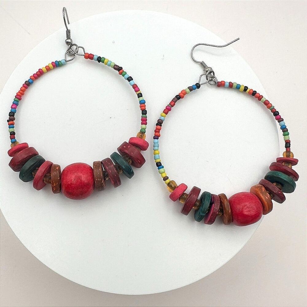 Vintage 80s 90s Wood & Glass Bead Hoop Earrings Boho Festival Fashion Jewelry